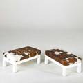 Designer pair of footstools usa 1970s lacquered wood and pony skin upholstery unmarked each 9 x 21 12 x 12