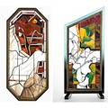 Owen gabbert two stained glass windows ca 1989 one in metal frame one in wood frame metal 36 x 17 x 1 12 wood 38 12 x 18 x 7