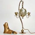 Steam punk brass and glass ball table lamp together with bronze boot sculpture unmarked lamp 30 tall