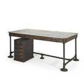 Steam punk partners desk and small cabinet studded brass top on enameled steel base stained wood drawers desk 30 x 76 x 39