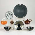 Hideaki miyamura edward eberle majai dyhe etc eight studio pottery pieces bowls and teapots all signed largest 8 34 dia