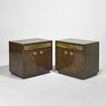 Bernard rohne mastercraft pair of nightstands usa 1980s burlwood etched and polychromed bronze and brass brass labels each 24 12 x 26 x 19
