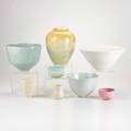 Deborah goldman molly cowgill duly mitchell eight studio pottery pieces five porcelain bowls two vases and ginger jar all signed largest 9