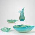 Barovier murano etc four glass items including two bowls with pinched sides barovier goldleaf and aqua vase shell shaped bowl and italy unmarked largest 10 x 5