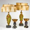 Retro pair of asian figural polychrome plaster lamps mid 20th c together with pair of african figural patinated metal compotes compotes marked lamps 30 x 18 with shades
