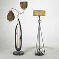 Retro two floor lamps one twolight with organic base other wroughtiron usa 1940s50s patinated and enameled wood laced parchment shades taller 49