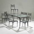 Dan johnson brown jordan dining table and eight chairs usa 1990s painted aluminum safety glass and upholstery not pictured unmarked dining table 29 x 77 12 x 35 12 chairs 32 x 18 1