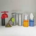Whimsy group of six oversized sculptural tools including two screw drivers screw nail plumbing valve and shower head fiberglass over carved foam unmarked tallest 51 12