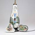Polia pillin three pieces usa 1960s lamp base decorated with women and fish two small dishes with women and animals all signed lamp 30 12 x 6 14 dia