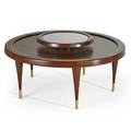 Style of paul laszlo coffee table usa 1960s stained and lacquered mahogany glass and brass unmarked 19 x 39 dia
