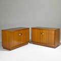 Style of paul laszlo pair of cabinets usa 1950s mahogany and patinated metal unmarked each 27 x 42 x 18