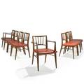 Edward wormley dunbar eight dining chairs two arm six side berne in 1950s sap walnut leather brass labels armchair 32 x 25 x 21 side chair 31 34 x 21 12 x 22 12