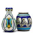 Charles catteau boch freres two crackleware vases belgium 1920s bird vase with blue boch freres stampch catteau other vase with black bfk stamp taller 9 12 x 6
