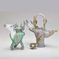 Nancy adams two carved porcelain teapot forms one of a horse the other a bird with cup california ca 1997 bird vessel signed and dated horse vessel unmarked 9 x 10 34 7 12 x 8