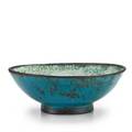 Maija grotell 18991973 large earthenware footed bowl in persian blue gunmetal and white crackled glaze cranbrook mi 1940s incised mg with cranbrook stamp ca paper label 4 34 x 12 12 di