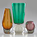 Gunnel nyman nuutajarvinotsjo etc two cased glass vases with controlled bubble decoration finland ca 1950s with similar vase on controlled bubble base nymun marked tallest 10 12 x 5 dia