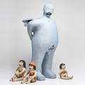 Sorefina ortiz macario covarubias three cochita figurines and blue devil sculpture terra cotta figurines marked ortiz covarubias unmarked blue devil 24 x 12 12 x 11