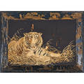Woven silk image of a tiger on black silk in a chinoiserie frame 23 x 35 sight