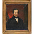 American school portrait oil on canvas of a gentleman with a red draped background 19th c period frame 30 x 25