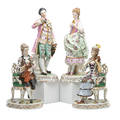 Capodimonte porcelain pair of figurines of a man and woman in 18th c dress with violin italy early 20th c together with a similar unmarked pair capodimonte marked taller 13 12