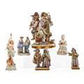 Continental porcelain figurines six early 20th c musical group two couples woman with guitar seated woman and mythological figure some marked tallest 11