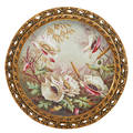 French porcelain charger decorated with floral study early 20th c framed 13 dia