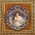 Vienna style gilt decorated porcelain cabinet plate depicting a seated maiden cobalt border late 19th c signed soustre 9 12 dia