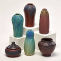 Van briggle six vases in ming blue and persian rose glazes colorado springs co 191526 all marked tallest 6 x 2 12 dia
