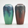 Van briggle two vases with cone flowers ming blue and persian rose glaze colorado springs co 192448 marked aa van briggle colo spgs and aa van briggle usa taller 12 12 x 5 12 dia