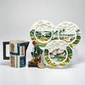 Associated american artists stonelain nathaniel kaz johnny appleseed sculpture nura ulreich pitcher together with three adolf dehn transferware plates marked castleton china usa 193040s glaz