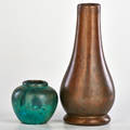 Clewell two copperclad vases with verdigris patina canton oh 1920s each etched clewell 3436 and clewell 3755 taller 11 x 5 dia
