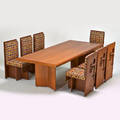 Style of frank lloyd wright dining set table and eight side chairs and similar lounge chair usa 1970s wood brass upholstery unmarked chair 37 12 x 16 x 22 12 lounge 35 x 34 x 37