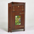 Arts and crafts corner cabinet usa ca 1915 quartersawn oak brasswashed metal leaded slag glass unmarked 32 x 22 x 15
