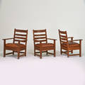 Limbert three ladderback armchairs grand rapids ny ca 1910 quartersawn oak leather two with branded marks each 36 x 27 x 22 12