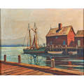 Hjalmar amundsen american b norway 19112001 oil on canvas of sailboat and dock framed signed 16 x 20