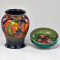 Moorcroft flambe vase decorated in leaf and blackberry design and iris saucer england both marked vase 6 x 4 12 dia