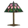 Handel attr table lamp with shade in stylized tulip pattern meriden ct ca 1910s bronze slag glass two sockets unmarked 21 12 x 12 sq