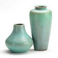 Van briggle two vases in ming blue glaze colorado springs co 1905 marked aa van briggle 1905 335 xv aa van briggle 1905 385 12 taller 6 14 x 3 dia