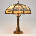 Miller table lamp with reversepainted glass shade ca 1910 patinated bronze marked 24 x 20 12 dia