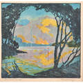 Pedro joseph lemos american 18821954 relief print in colors the sunset mountain framed signed and titled 10 18 x 10 12 sight
