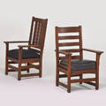 Ljg stickley two armchairs one marked handcraft and one the work of fayetteville ny 19061910 quartersawn oak dropin seats taller 44 12 x 28 x 24