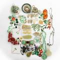 Large collection of chinese coral jade etc estate collection includes jade cabochons carvings disks links bangles buckle earrings pendants include gold turquoise carnelian pearl nephrit