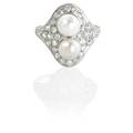Edwardian natural pearl and diamond ring two spherical salt water pearls 74  71 mm within oec diamond pave field approx 16 cts tw in platinum topped 14k gold size 7 12 35 dwt property