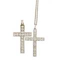 Two diamond platinum 18k gold cross pendants rbc diamonds 43 cts tw throughout with delicate 14k wg chain 15 20th c unmarked both 1 12 x 1 64 dwt