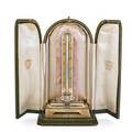 Cartier enameled gold rose quartz desk thermomete rose quartz tablet on 14k yg plinth column thermometer with black enameled scale white enamel straps and sapphire bullets ca 1935 marked cart