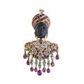 Exceptional giulio nardi jeweled moretto brooch carved ebony bust and 18k yg ruby turban with diamond sarpech pierced robe and jeweled fringe set with rubies and diamonds approx 175 cts tw ve