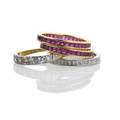 Four diamond or ruby stacking bands 156 cts square radiant cut diamond platinum eternity band 55 cts round brilliant diamond platinum topped 18k wg halfhoop pair of ruby 14k gold eternity ban