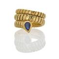 Bulgari tubogas gold and sapphire serpent ring flexible coiled 18k set with pear shaped blue sapphire italian marks for bulgari and 18k 12713 94 dwt