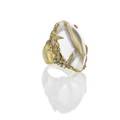 Contemporary diamond frost rock crystal 18k ring marquise shaped rock crystal cabochon secured by frost shaped prongs set with clusters of transparent and milky diamonds white and pale yellow sapph