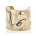 Modernist 14k gold and diamond cuff bright dimpled yellow gold surface embellished by angular diamond and white gold ornament diamonds approx 59 ct tw 2 132 wide 40 dwt